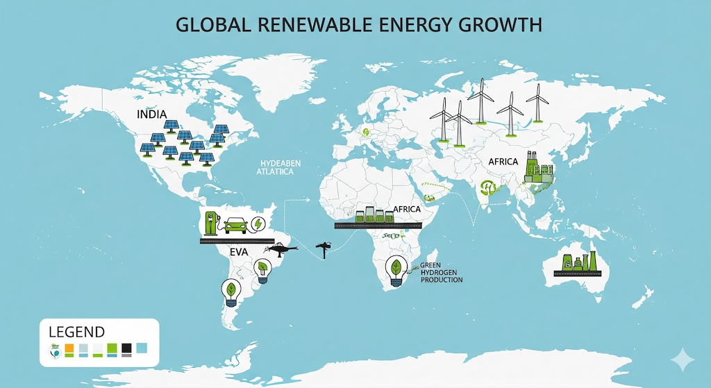Regional perspectives on renewable energy across the globe in 2025, highlighting solar in Asia, wind in Europe, EVs in the US, and green hydrogen in Africa