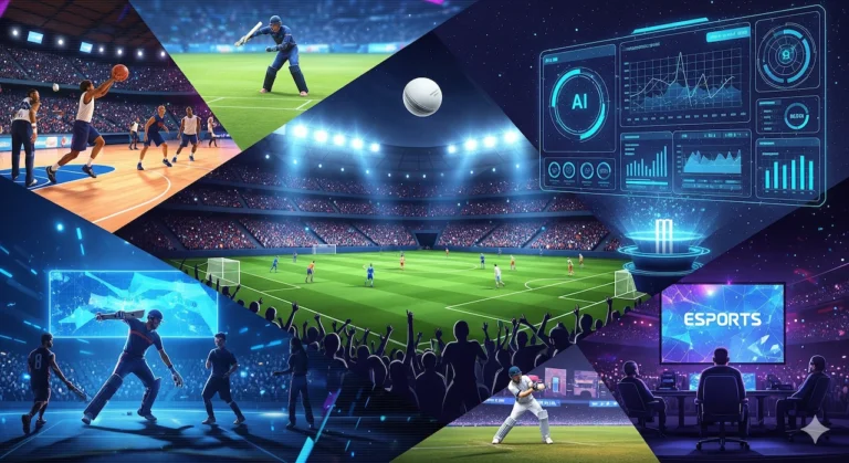 Breaking Global Sports Trends 2025: From AI to eSports 12 Featured image showing football, basketball, cricket, and eSports as top global sports trends in 2025 with AI technology influence.