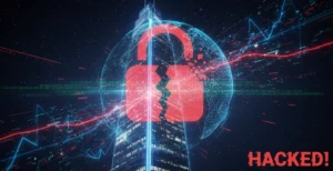 A graphic illustration of the Global Tech Summit building with a broken digital lock, symbolizing the major cyberattack in Geneva.