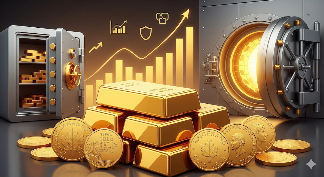 Gold vs US Dollar: Best Long-Term Investment for Wealth Preservation 2 Shiny gold bars and coins with a rising chart in the background symbolizing gold as a long-term investment and wealth preservation.