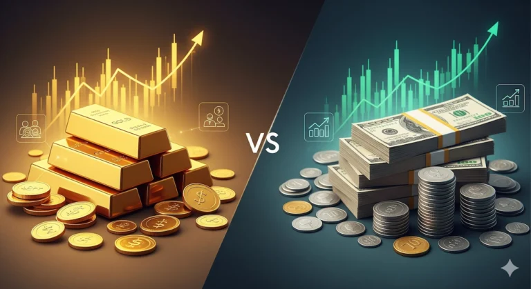 Gold vs US Dollar: Best Long-Term Investment for Wealth Preservation 2 Balanced comparison of gold bars and US dollar bills with financial charts representing long-term investment options and wealth preservation.