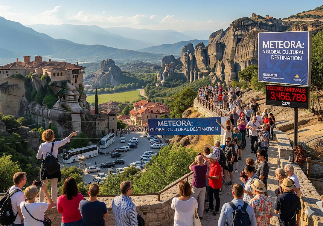 Greece Tourism Boom 2025 Sets Record Global Arrivals 2 Tourists visiting Meteora during Greece tourism boom 2025