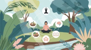 Illustration of holistic wellness with meditation, yoga, nature, and self-care symbols representing the new era of self-care.