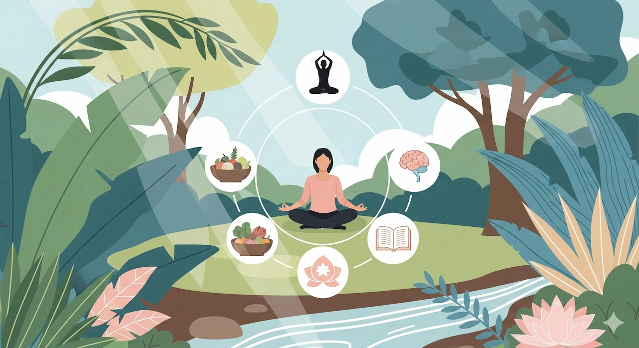 The Holistic Wellness Revolution: A New Era of Self-Care 1 Illustration of holistic wellness with meditation, yoga, nature, and self-care symbols representing the new era of self-care.