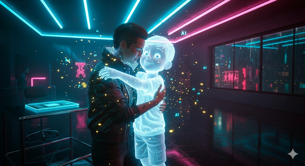 Google Gemini Nano Banana AI: Hug My Younger Self Viral Trend 2025 4 Futuristic AI trend visualization showing AR/VR Hug My Younger Self experience