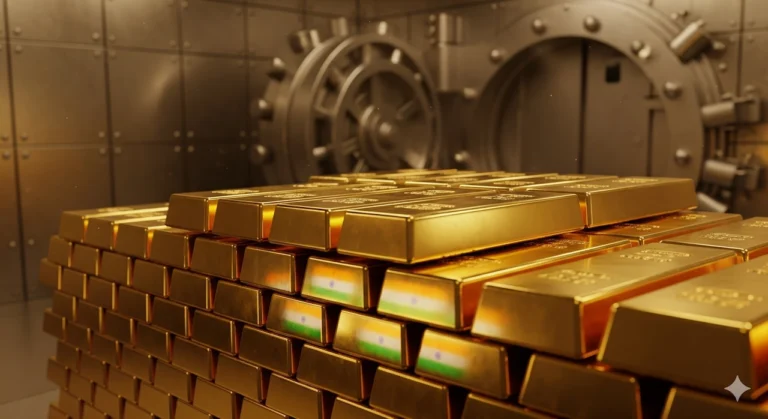 India Reduces US Treasury Holdings, Gold Reserves Surge 9 Gold bars stacked in a bank vault representing India’s growing gold reserves