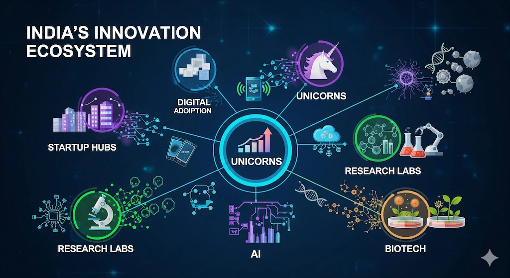 India’s Innovation Journey 2025: Startup ecosystem, unicorns, AI and biotech growth, and digital technology adoption