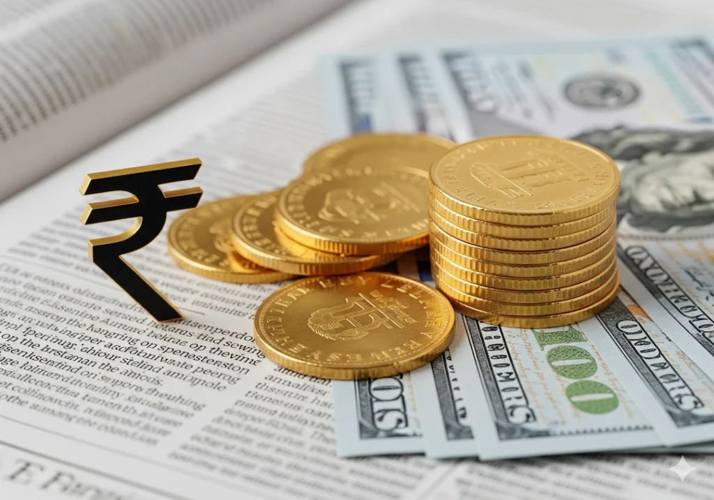 India Reduces US Treasury Holdings, Gold Reserves Surge 2 Gold coins and US dollar bills symbolizing India reducing US Treasury holdings