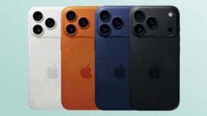 Four iPhone 17 Pro Max phones in different colors, displayed from a side angle to highlight the new design and finishes.