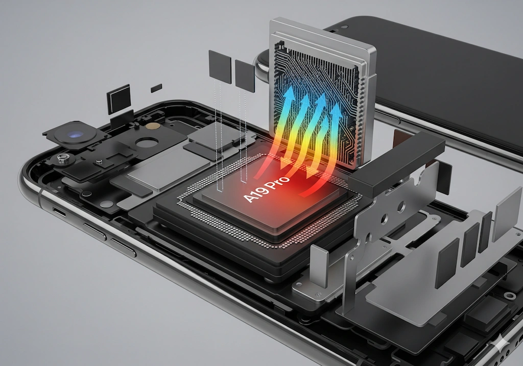 iPhone 17 Pro: A Global Review of its Groundbreaking Features 4 A detailed cutaway view of the iPhone 17 Pro's internals, highlighting the A19 Pro chip and a vapor chamber cooling system with visible heat dissipation, illustrating advanced thermal management.