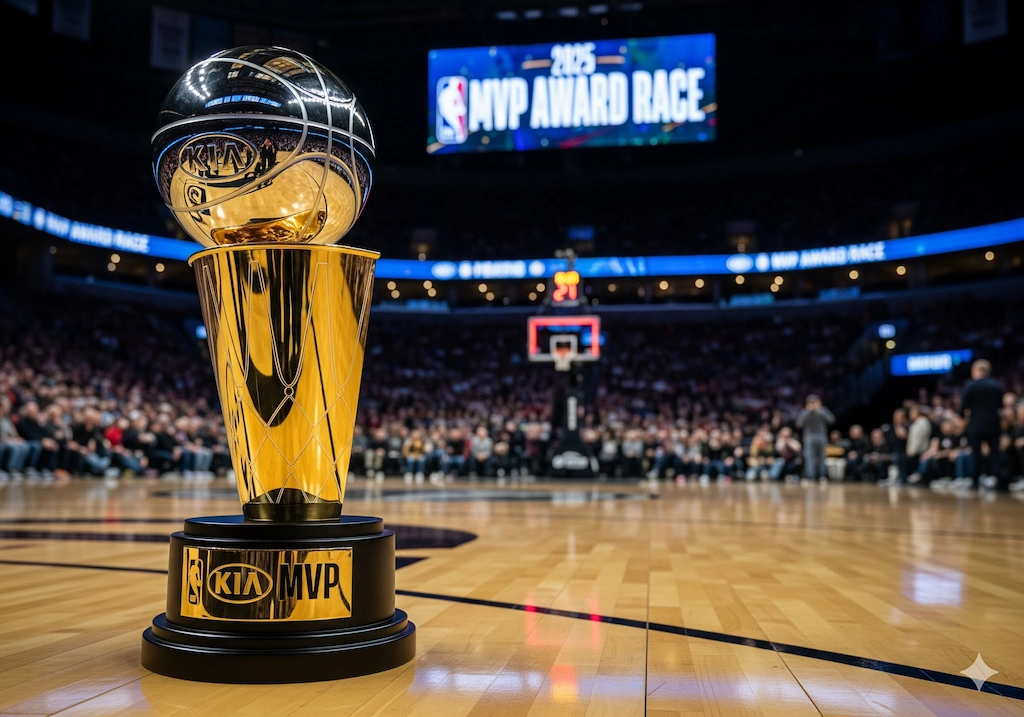 NBA MVP 2025: Predictions, Kia Award Race & Favorites 2 Kia NBA MVP Trophy 2025 on basketball court symbolizing the award race