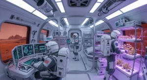 NASA Mars habitat prototype interior view with astronauts inside