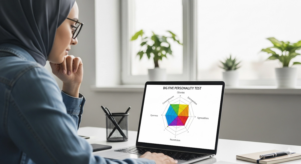 5 Key Ways the Big Five Personality Test Can Improve Your Life 2 A person with a thoughtful expression looking at a laptop screen displaying a colorful radar chart of a Big Five personality test result. The screen shows the five axes for Openness, Conscientiousness, Extraversion, Agreeableness, and Neuroticism.