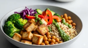 Plant-based and alternative proteins healthy meal with tofu, chickpeas, and quinoa