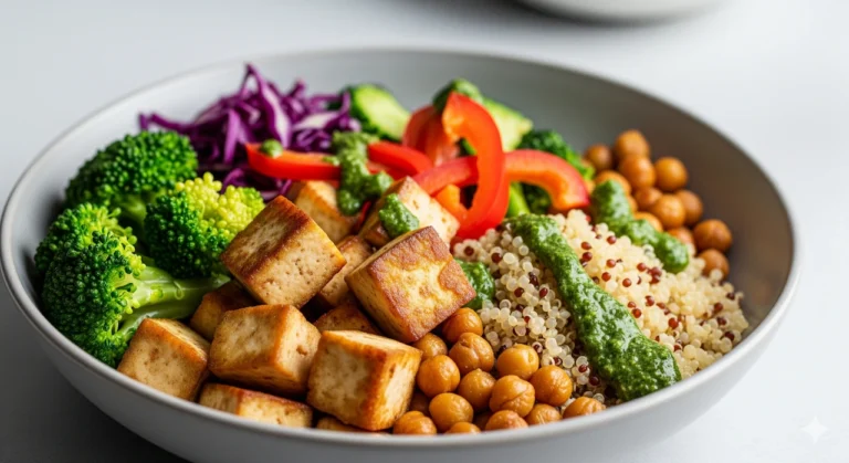 Plant-Based and Alternative Proteins: The Future of Food 11 Plant-based and alternative proteins healthy meal with tofu, chickpeas, and quinoa
