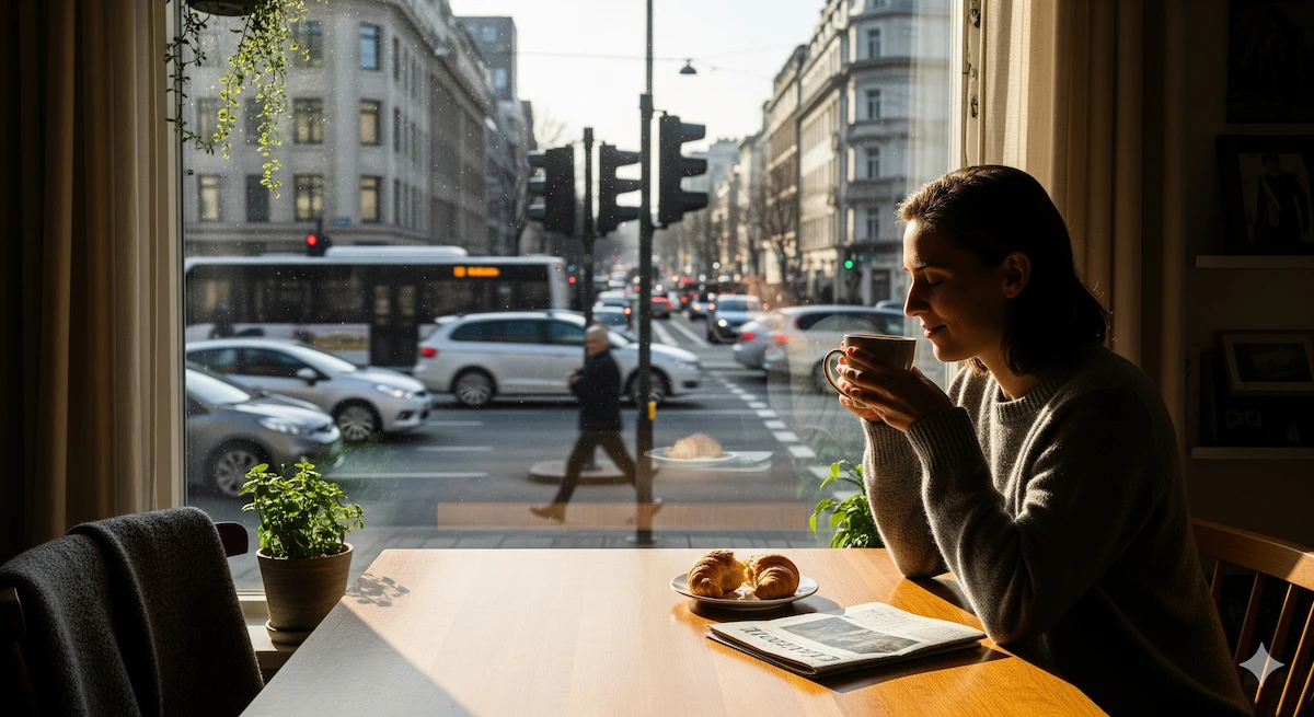 10 Scientific Benefits of Waking Up Early for Success & Health 4 Calm morning routine contrasting with city rush showing reduced time pressure