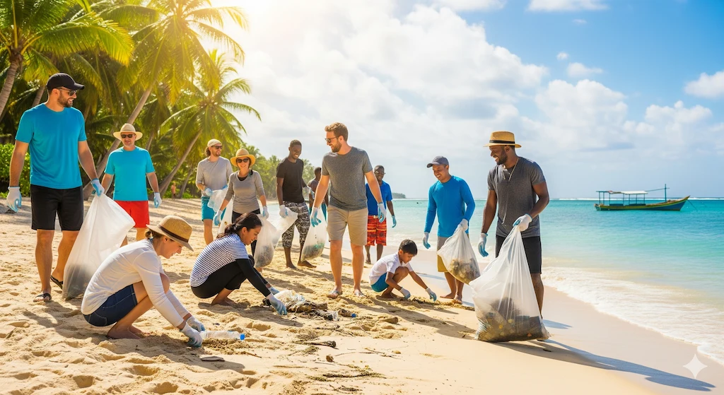 Sustainable and Regenerative Tourism 2025: Ultimate Guide 5 A diverse group of travelers and local community members happily collaborating on a beach cleanup, symbolizing a hands-on approach to regenerative tourism and environmental conservation.