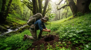 A conscious traveler, wearing a hat and backpack, kneels to plant a small tree in a lush, misty forest, symbolizing the active contribution of regenerative tourism.