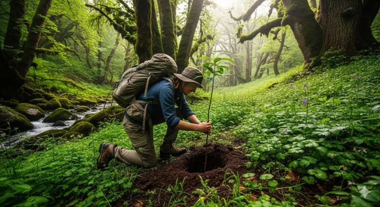 Sustainable and Regenerative Tourism 2025: Ultimate Guide 4 A conscious traveler, wearing a hat and backpack, kneels to plant a small tree in a lush, misty forest, symbolizing the active contribution of regenerative tourism.