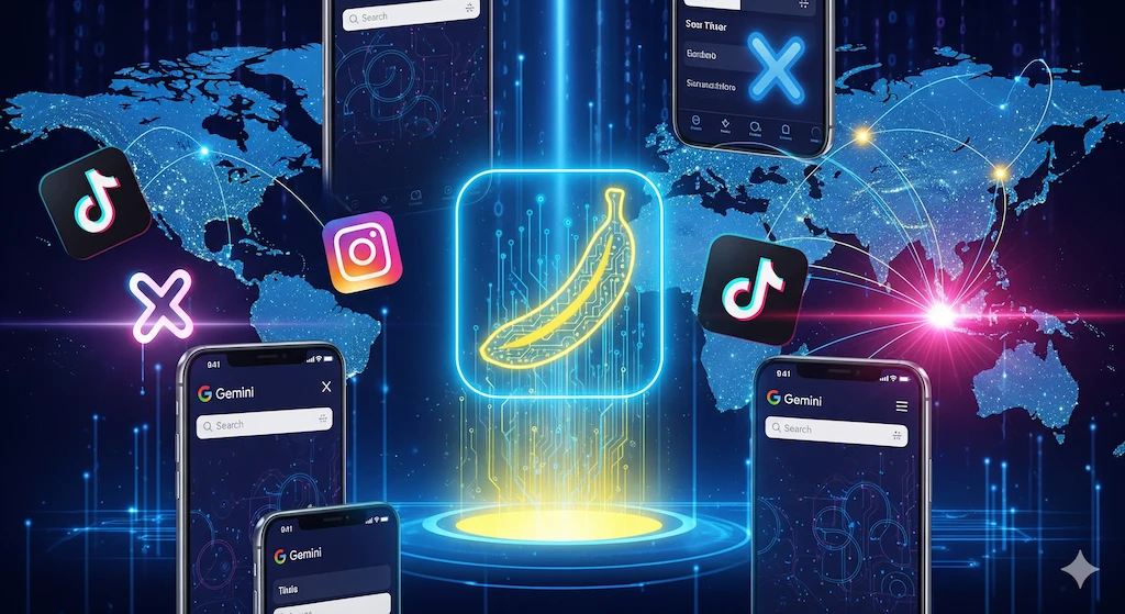 Google Gemini Nano Banana AI: Hug My Younger Self Viral Trend 2025 2 Illustration of Google Gemini Nano Banana AI’s global rise with app screens, viral social icons, and world trend hotspots