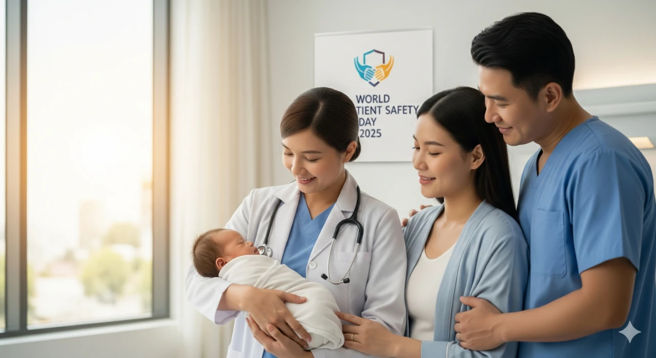 Doctor providing safe care for newborn and family on World Patient Safety Day 2025