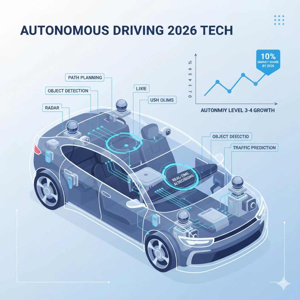 Infographic of self-driving cars tech for autonomous driving 2026, showing AI sensors and Level 4 autonomy growth.
