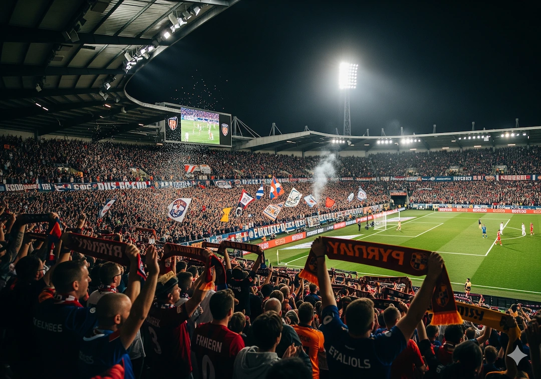 2025 Summer Transfer Window: Biggest Transfers in Football 2 Football fans cheering in a packed stadium during a big game under bright floodlights