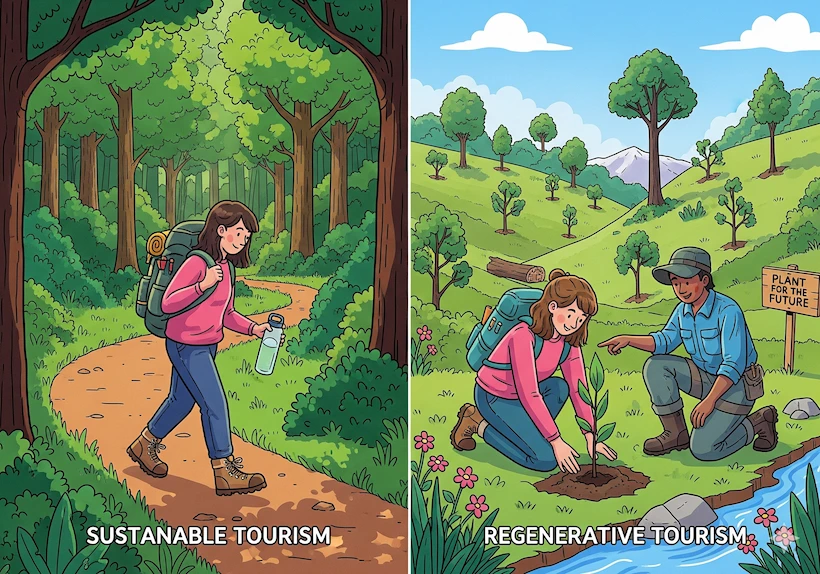 Sustainable and Regenerative Tourism 2025: Ultimate Guide 2 A split-screen illustration contrasting sustainable tourism (a person walking on a path) with regenerative tourism (the same person planting a tree with a local guide).