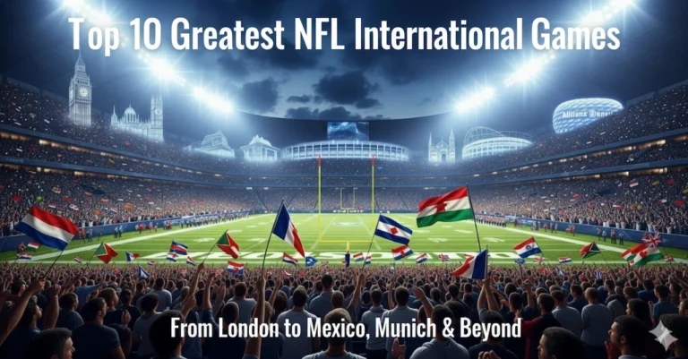 Top 10 Greatest NFL International Games of All Time 8 Featured image showing NFL international games across London, Mexico, and Germany stadiums with fans and flags.