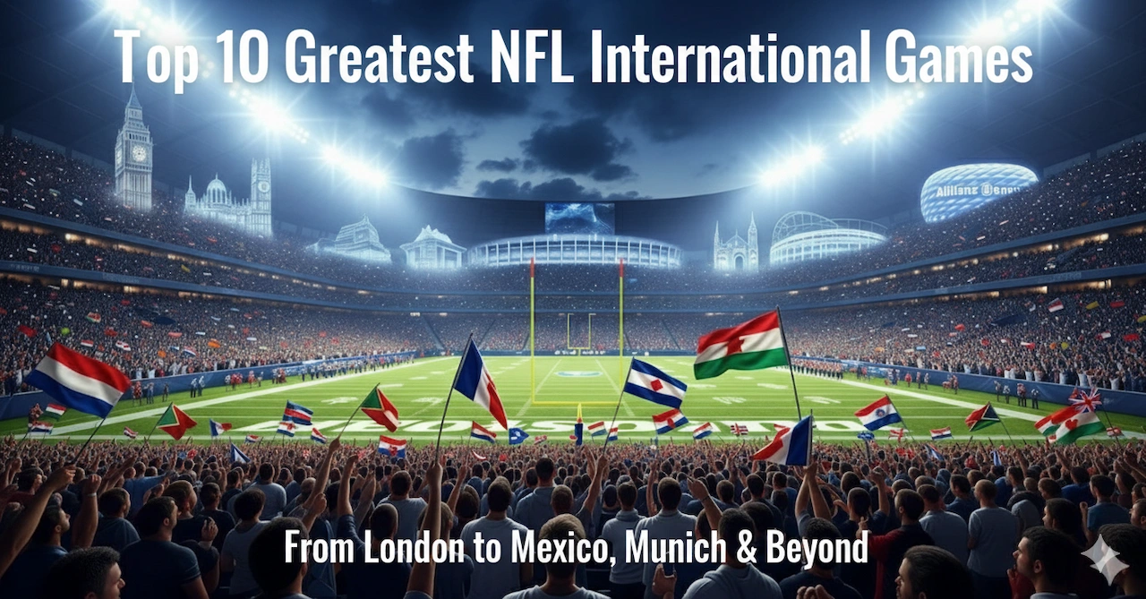 Top 10 Greatest NFL International Games of All Time 1 Featured image showing NFL international games across London, Mexico, and Germany stadiums with fans and flags.
