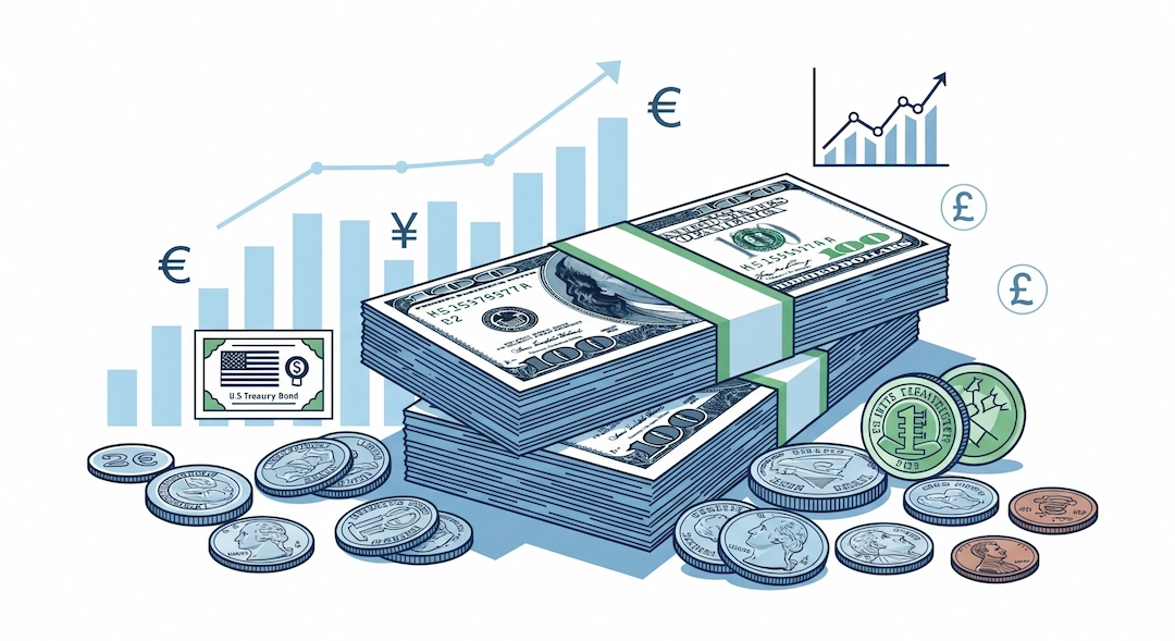 Gold vs US Dollar: Best Long-Term Investment for Wealth Preservation 3 Stacks of US dollar bills, coins, and a rising financial chart representing US dollar as a long-term investment.