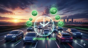 Electric vehicles surging on US highway during August 2025 EV sales boom, with federal tax credit deadline clock ticking.
