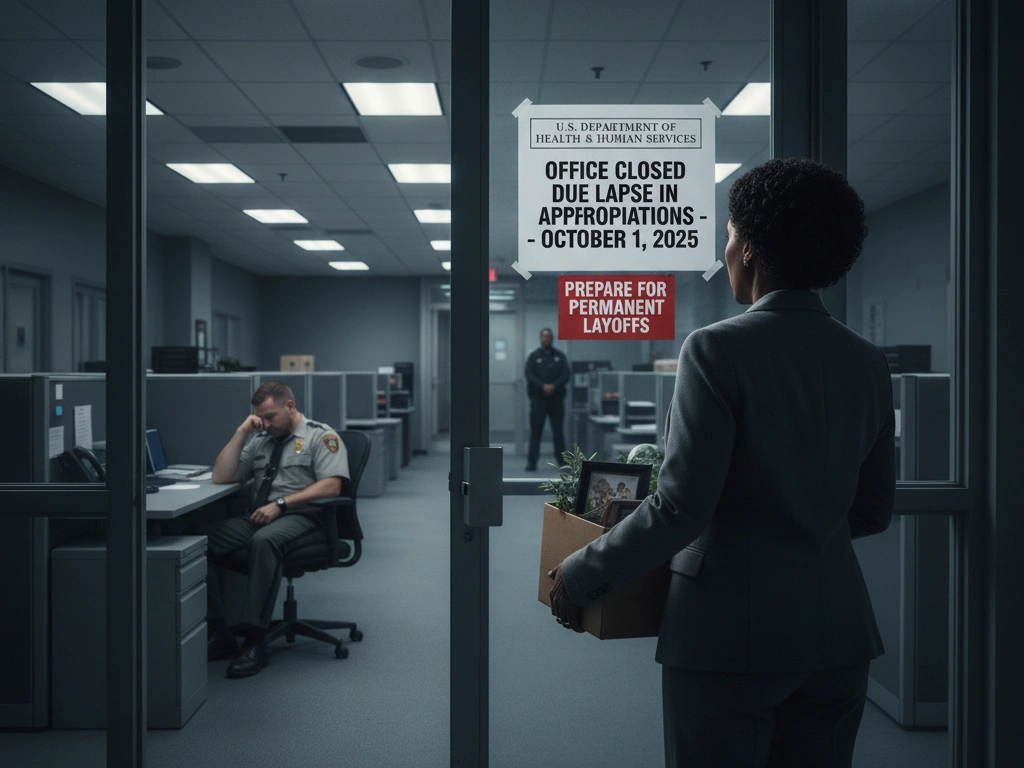 Federal Government Shutdown 2025: Oct 1 Deadline & Schumer's Fight 2 Federal Government Shutdown: A federal employee holds a box of personal belongings, looking at a "Office Closed Due to Lapse in Appropriations" sign that also warns "Prepare for Permanent Layoffs" on the glass door of a deserted government office.