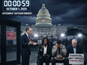 US Capitol Building at night with a digital countdown clock showing 00:00:59, indicating a looming government shutdown on October 1, 2025. Frustrated federal workers are shown in the foreground with protest signs.