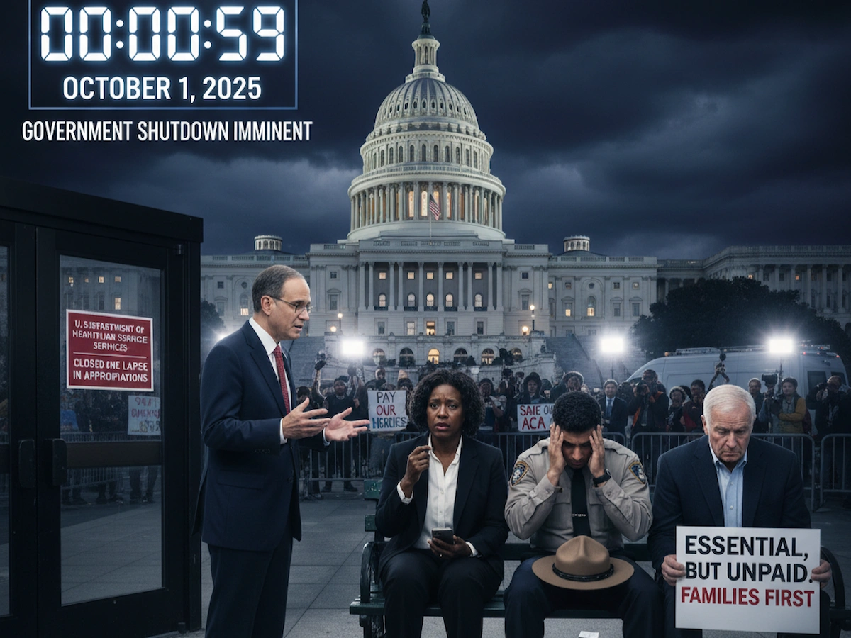Federal Government Shutdown 2025: Oct 1 Deadline & Schumer's Fight 1 US Capitol Building at night with a digital countdown clock showing 00:00:59, indicating a looming government shutdown on October 1, 2025. Frustrated federal workers are shown in the foreground with protest signs.