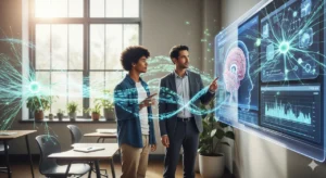 A student and a teacher interacting with a transparent screen displaying a holographic brain and neural network, representing the use of AI in education to foster future-ready learning.