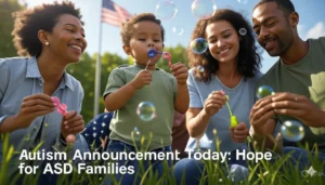 Diverse US family with autistic child blowing bubbles in park, symbolizing hope from autism announcement today.