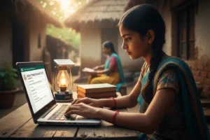 Girl student filling out Azim Premji Scholarship 2025 application form on a laptop.