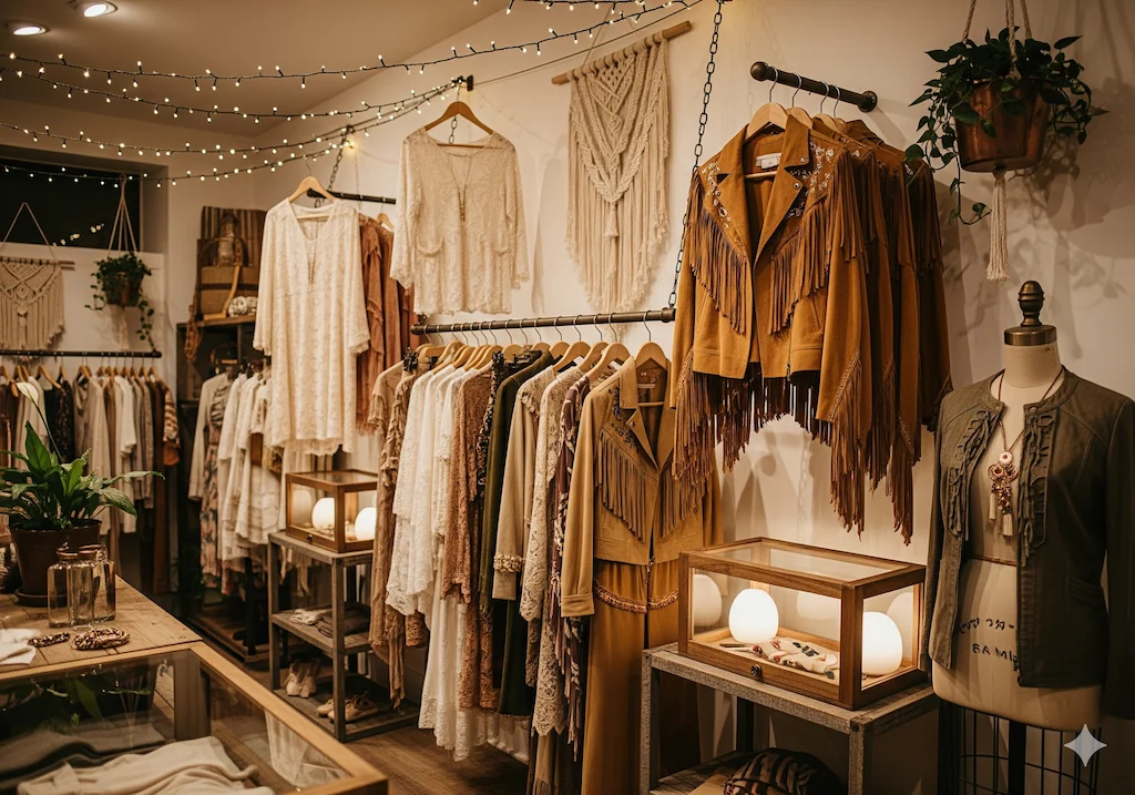 Boho boutique with flowy lace dresses and fringed suede jackets