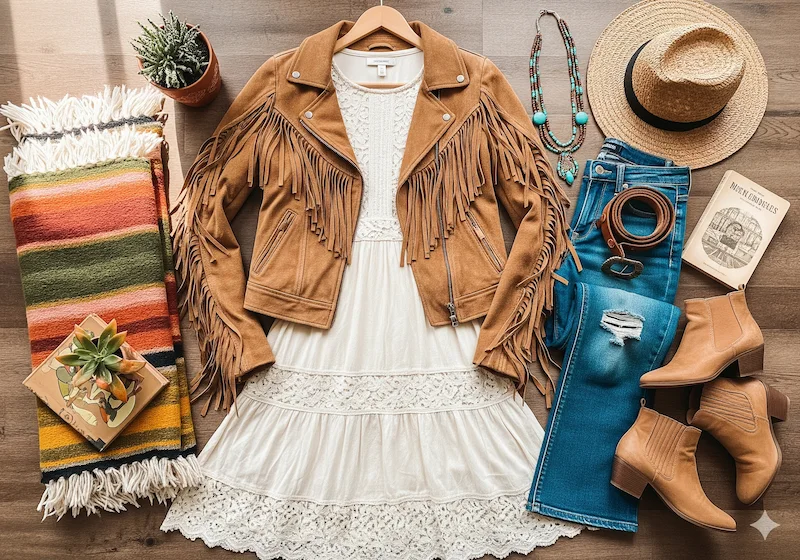 Thrifted flowy lace dress and suede jacket for Boho Revival on a budget