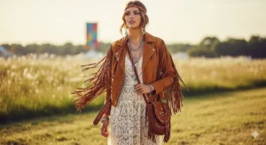 Model in a flowy lace dress and fringed suede jacket for Boho Revival 2025 trend in a field setting