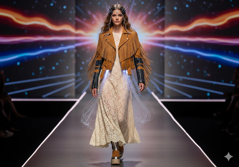 Futuristic Boho Revival with flowy lace dress and fringed suede jacket