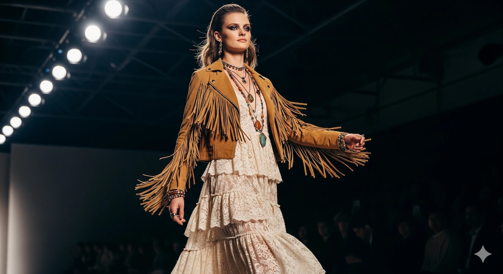 Runway model in flowy lace dress and fringed suede jacket at NYFW 2025