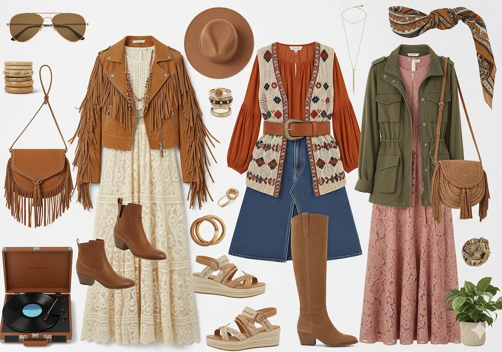 Collage of styling options for Boho Revival with lace dresses and suede jackets