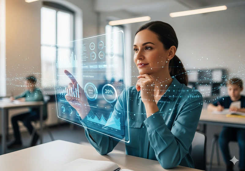 Unlocking Success: 7 Ways AI in Education Is Revolutionizing Learning 3 A female teacher in a classroom looking at a holographic data dashboard, using it to track student progress.
