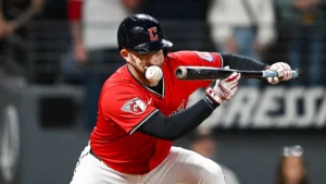 Cleveland Guardians David Fry hit in face by Skubal pitch during MLB game