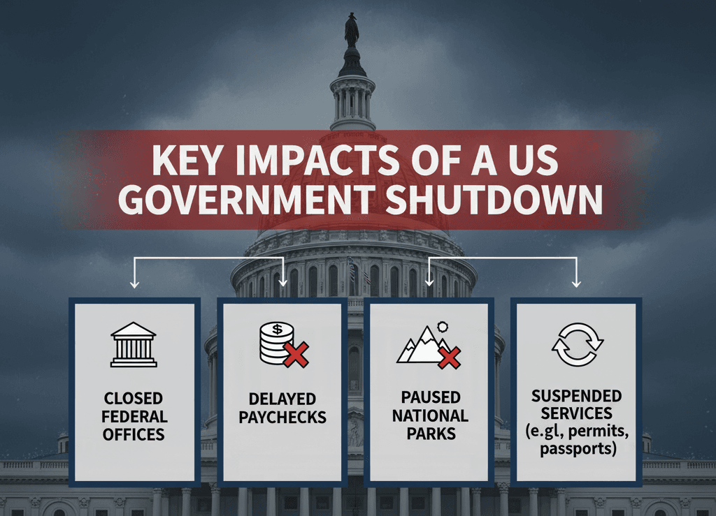 Infographic showing major effects of the US federal government shutdown 2025