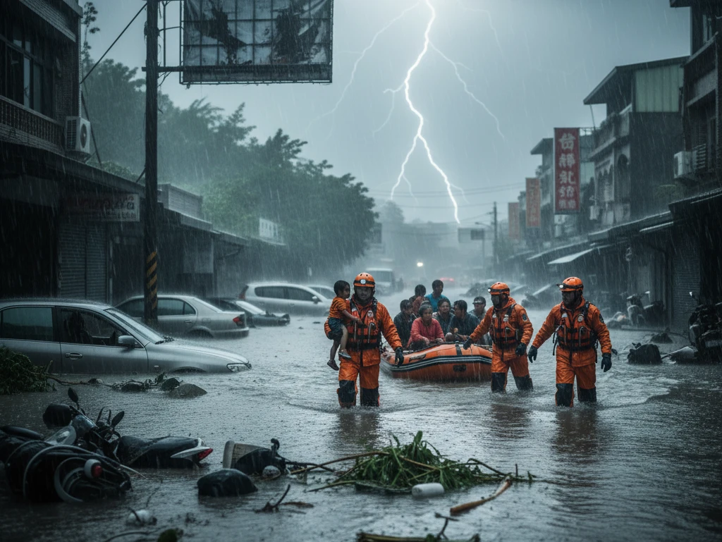 Devastating Super Typhoon Ragasa Devastates Asia in 2025 2 Emergency responders navigate flooded streets in Hualien, Taiwan, during Super Typhoon Ragasa in 2025.