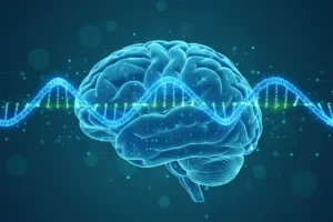 illustration of brain and DNA strands for Huntington's disease