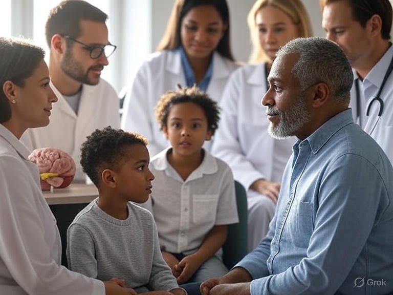 Horizontal image of a support group for Huntington's disease patients